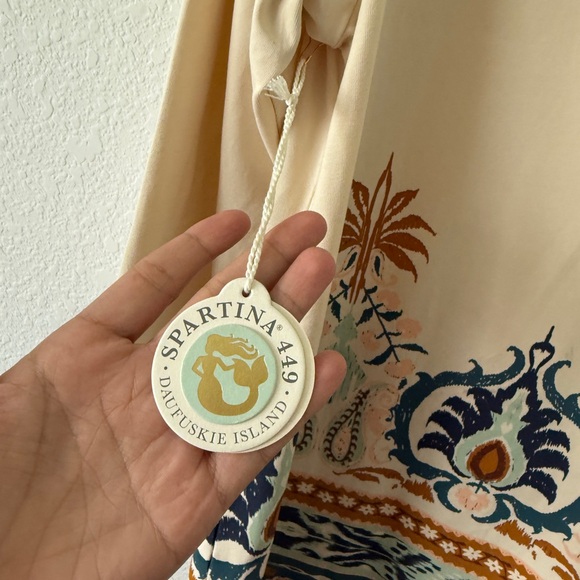 Spartina 449 Womens Island Fringe Dress Large Cream Kalalanta Ikat Palm Preppy - Picture 10 of 14